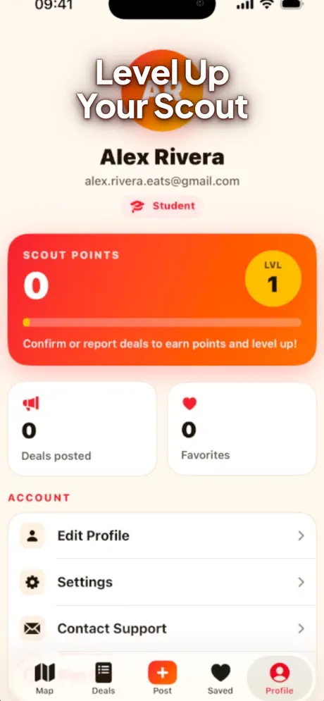Profile with scout points and levels
