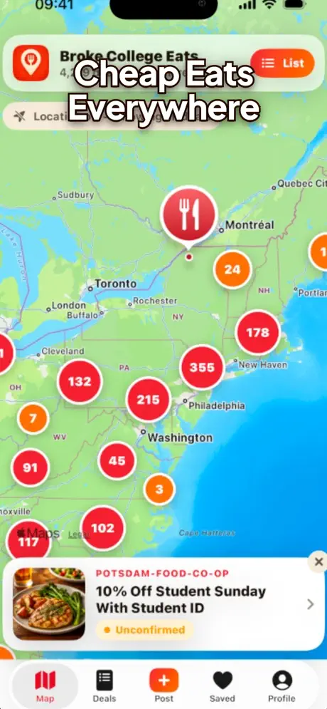 Map of cheap eats everywhere with deal pins